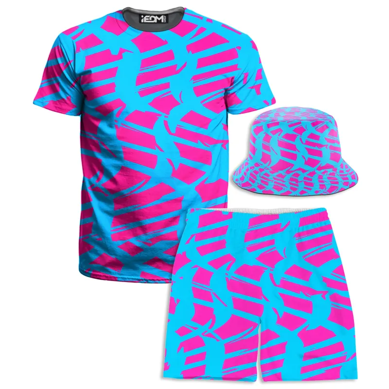 Pink and Blue Squiggly Rave Checkered T-Shirt and Shorts with Bucket Hat Combo made by iEDM
