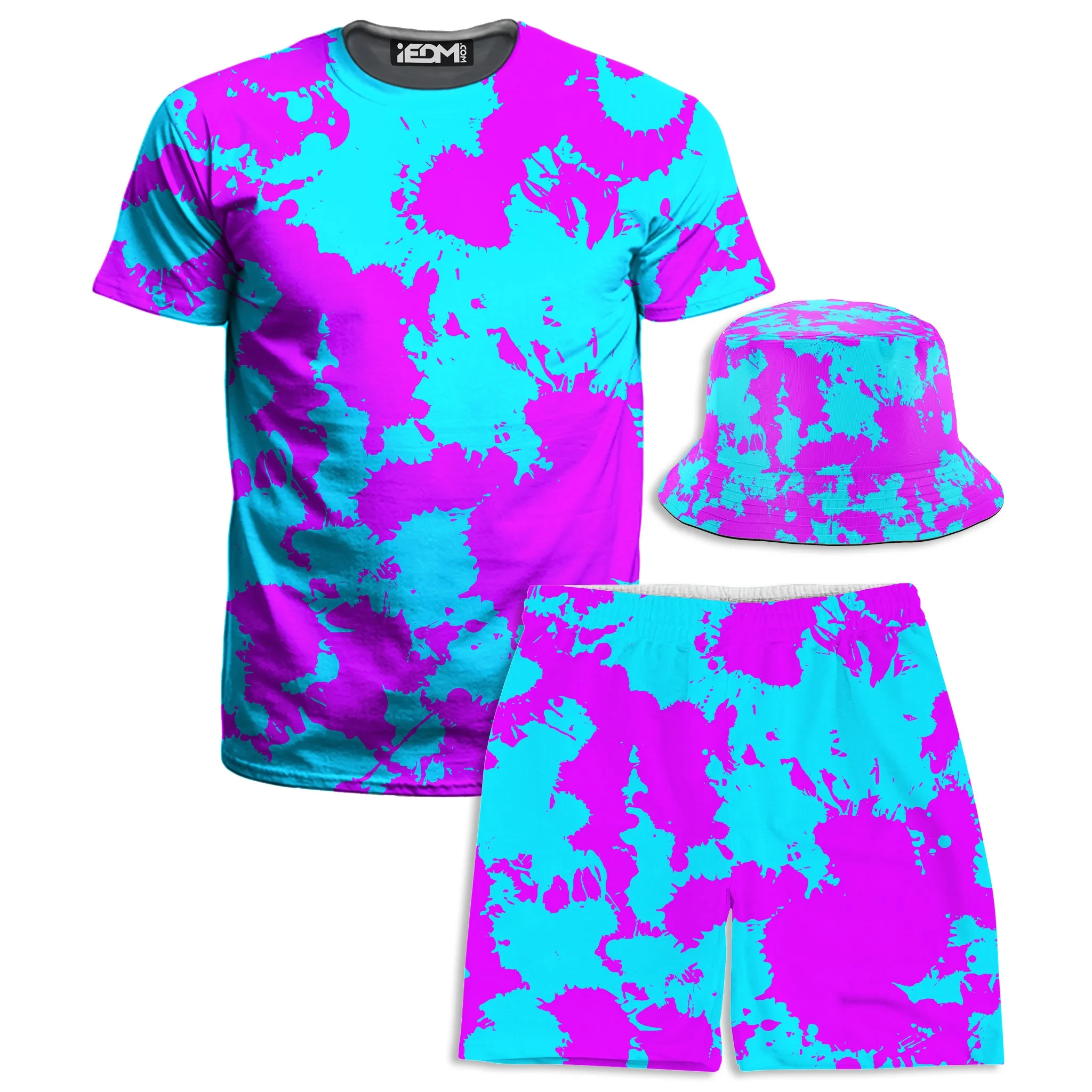 Blue and Purple Paint Splatter T-Shirt and Shorts with Bucket Hat Combo sold by iEDM