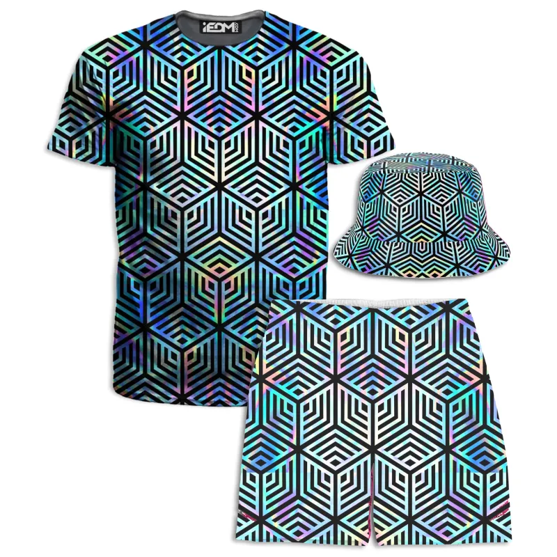 Holographic Hexagon T-Shirt and Shorts with Bucket Hat Combo made by iEDM