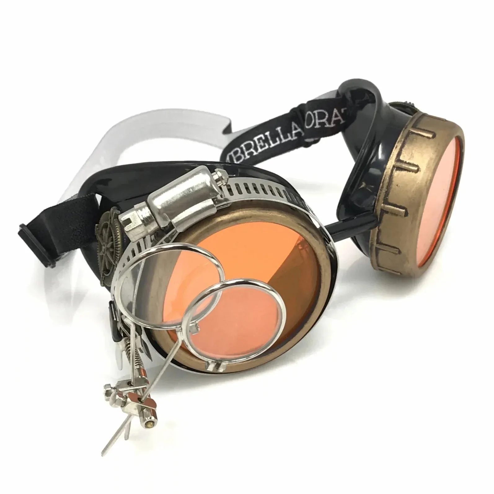 Steampunk Goggles With Magnifying Loupes UV Glow Neon Orange Lenses sold by iEDM