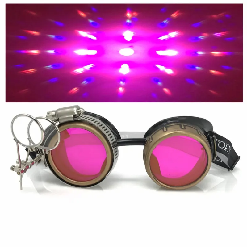 Steampunk Goggles With Magnifying Loupes UV Glow Neon Pink Prism Diffraction Lenses made by iEDM