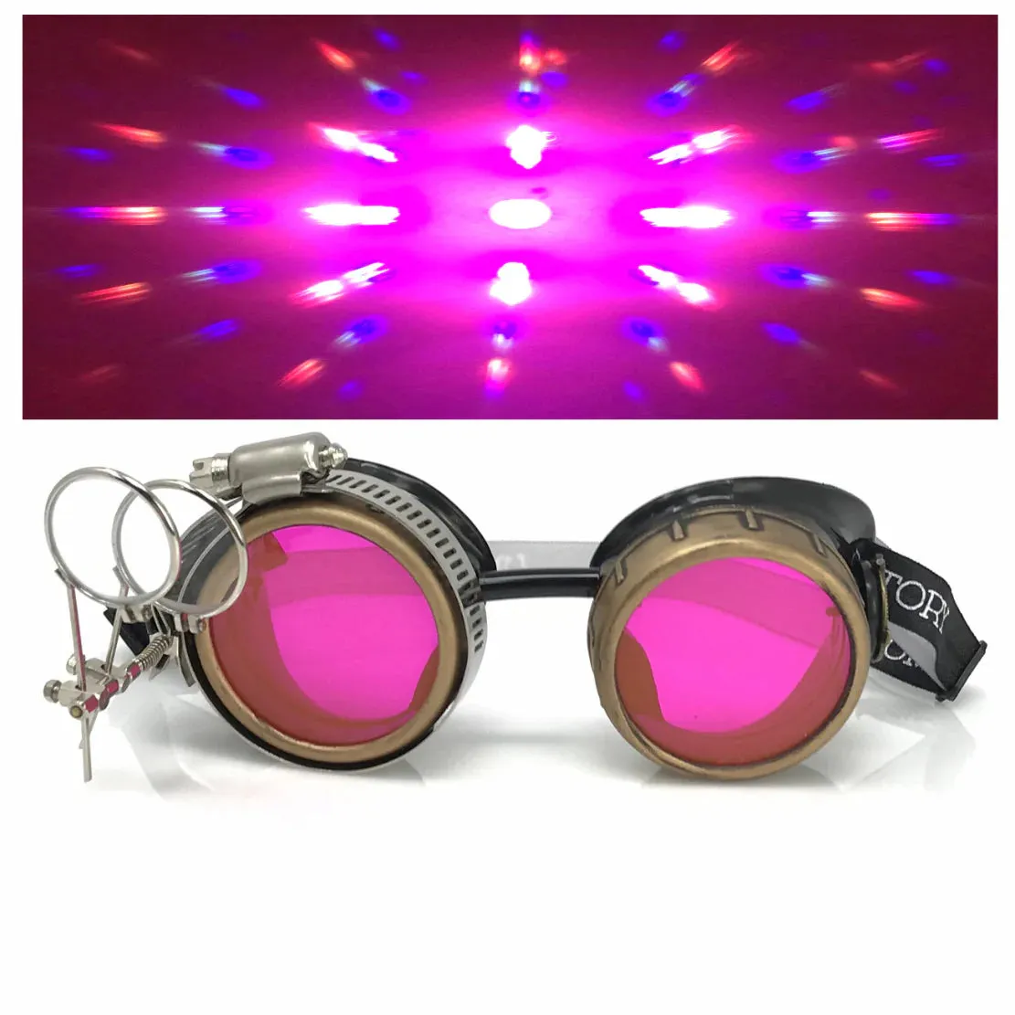 Steampunk Goggles With Magnifying Loupes UV Glow Neon Pink Prism Diffraction Lenses sold by iEDM