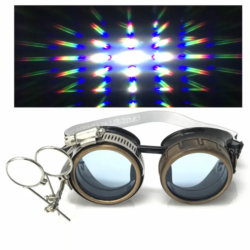 Steampunk Goggles With Magnifying Loupes UV Glow Neon Blue Prism Diffraction Lenses sold by iEDM