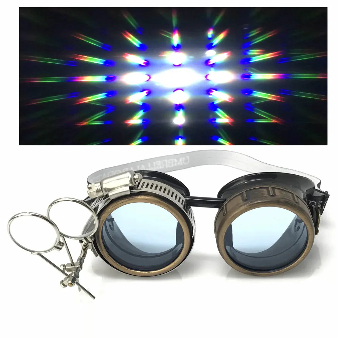 Steampunk Goggles With Magnifying Loupes UV Glow Neon Blue Prism Diffraction Lenses sold by iEDM
