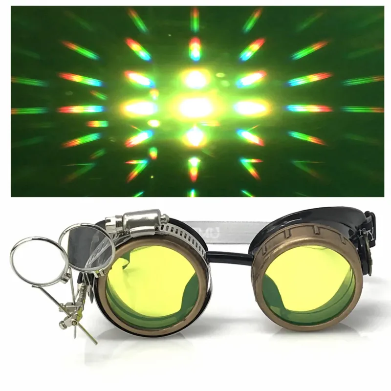 Steampunk Goggles With Magnifying Loupes UV Glow Neon Green Prism Diffraction Lenses sold by iEDM