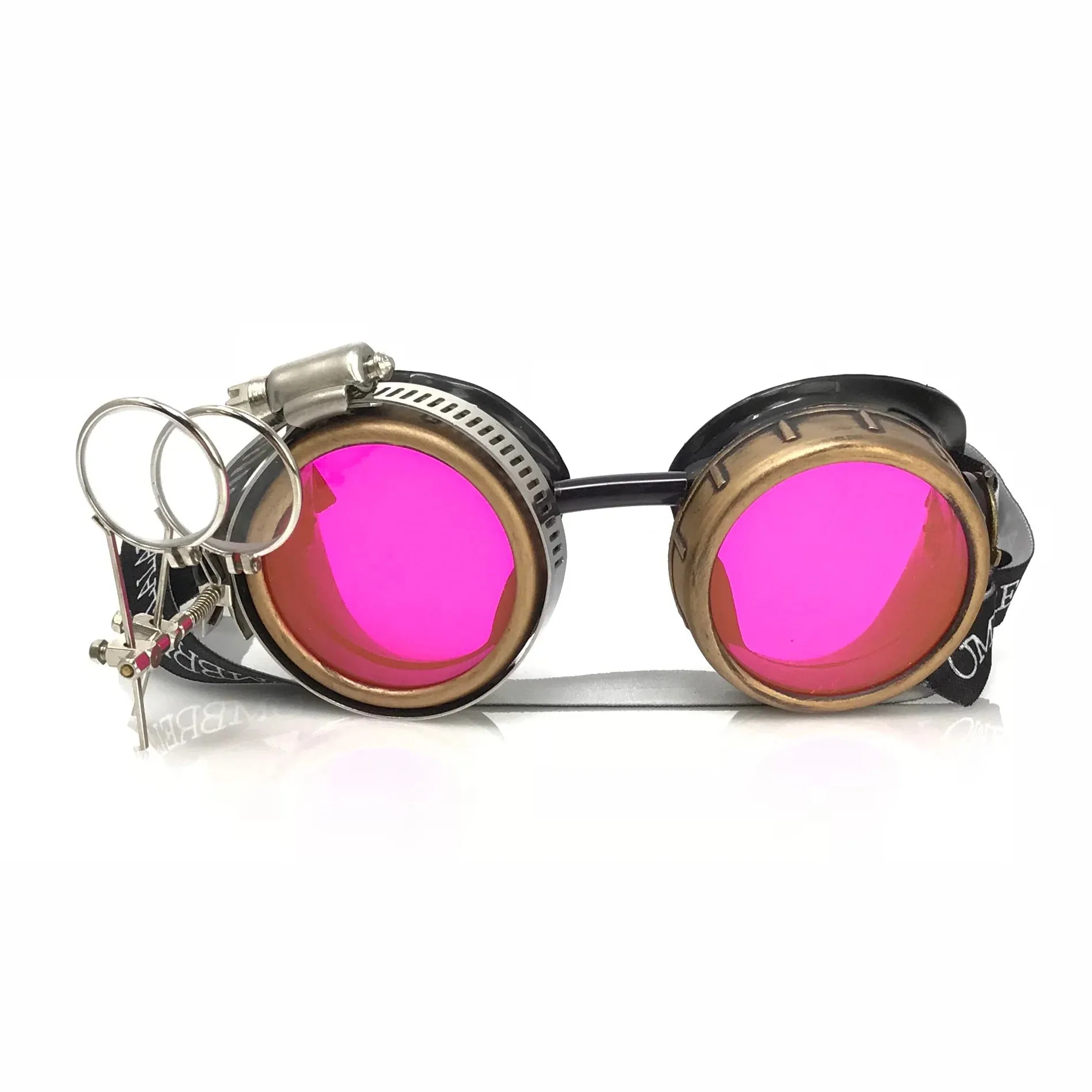 Steampunk Goggles With Magnifying Loupes UV Glow Neon Pink Spiral Diffraction Lenses sold by iEDM product image thumbnail 2