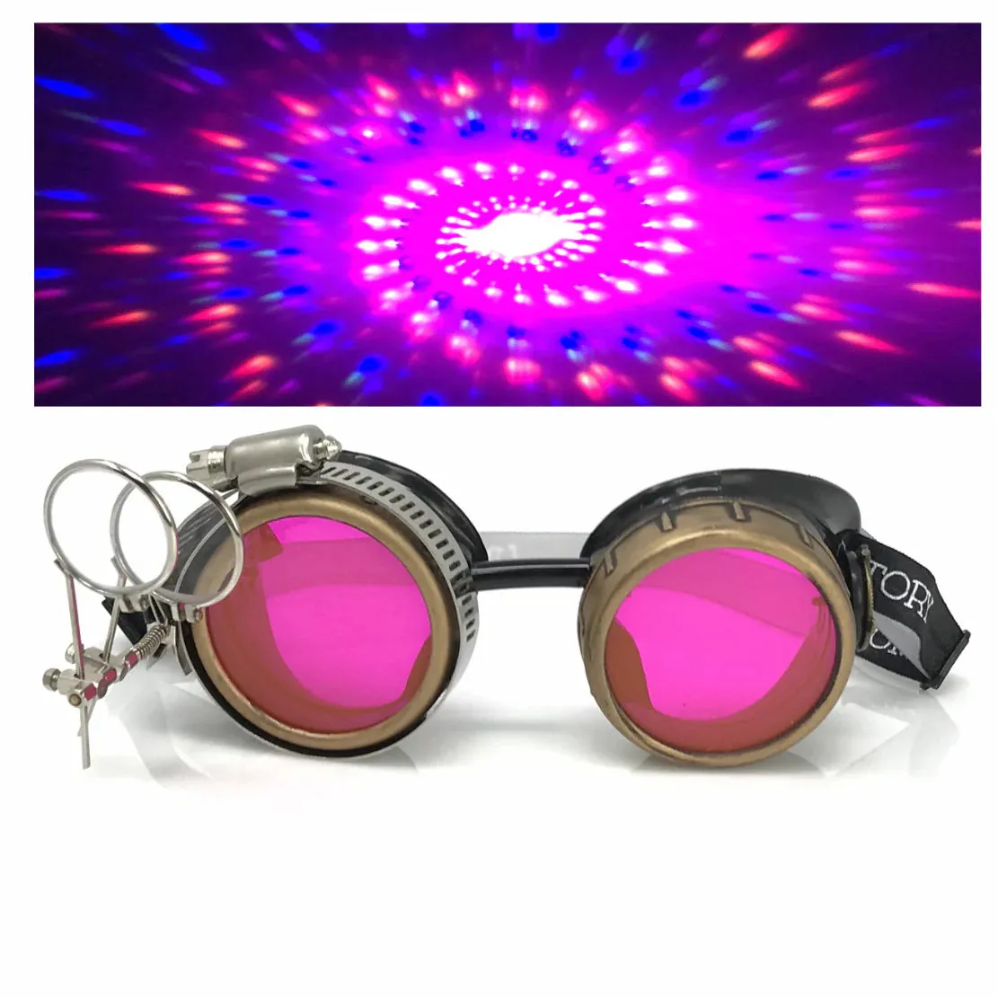 Steampunk Goggles With Magnifying Loupes UV Glow Neon Pink Spiral Diffraction Lenses sold by iEDM