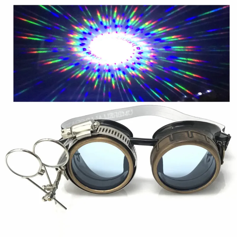 Steampunk Goggles With Magnifying Loupes UV Glow Neon Blue Spiral Diffraction Lenses sold by iEDM