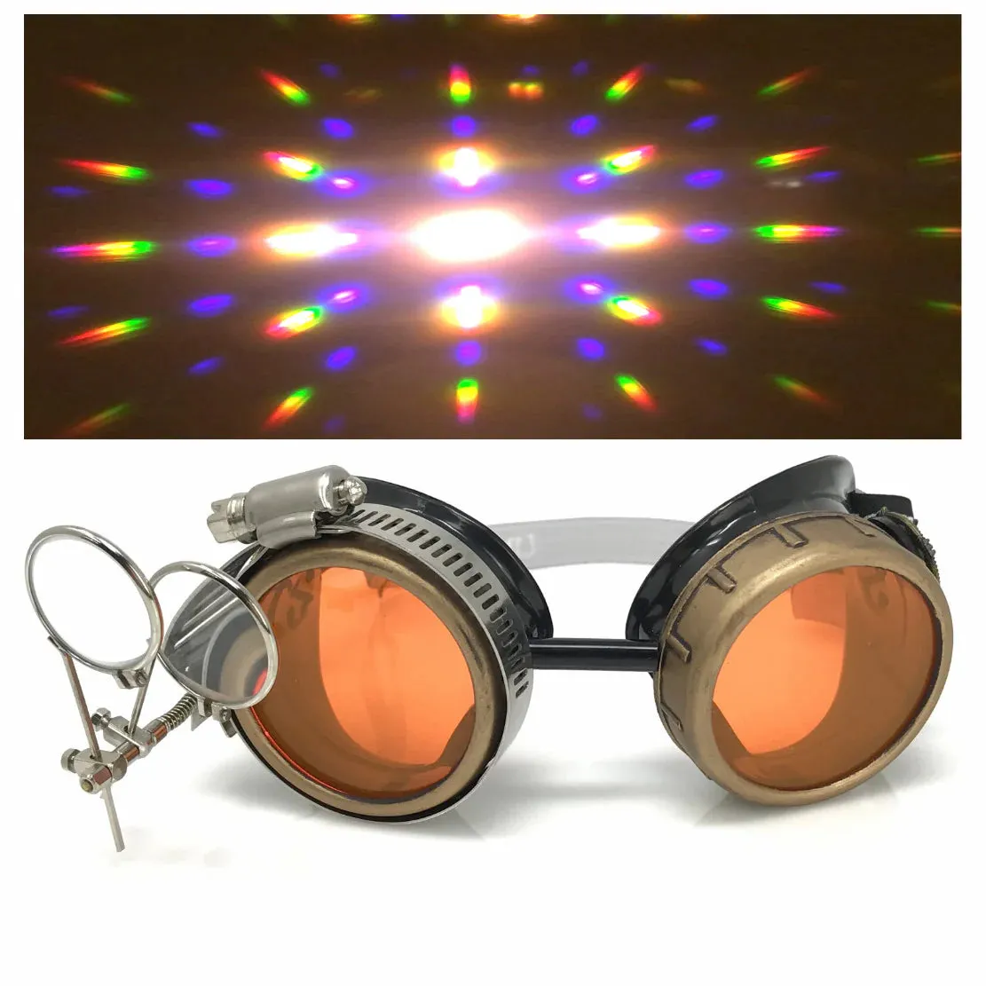 Steampunk Goggles With Magnifying Loupes UV Glow Neon Orange Prism Diffraction Lenses sold by iEDM
