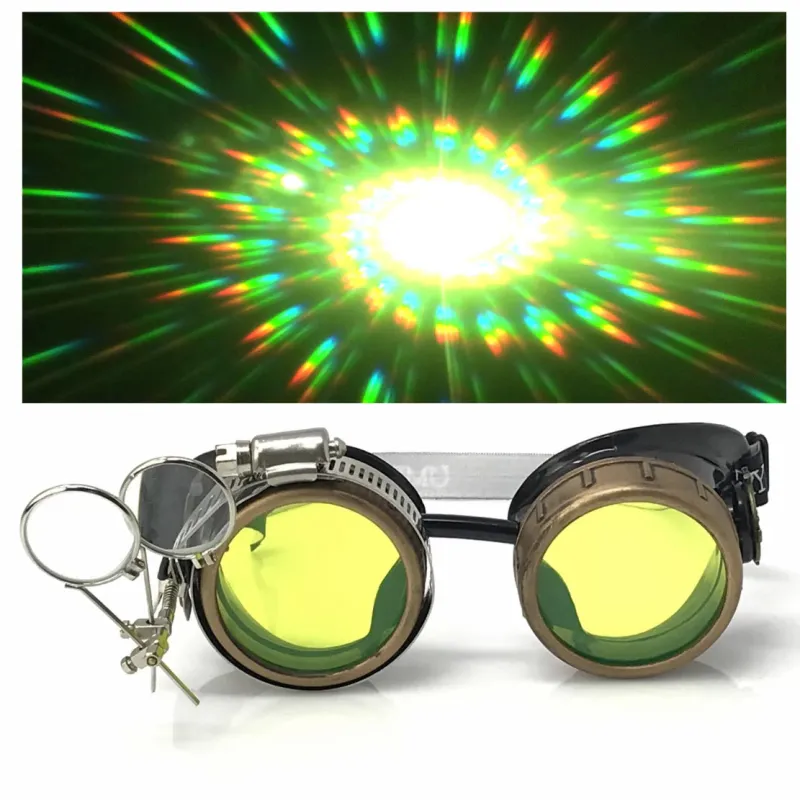 Steampunk Goggles With Magnifying Loupes UV Glow Neon Green Spiral Diffraction Lenses sold by iEDM