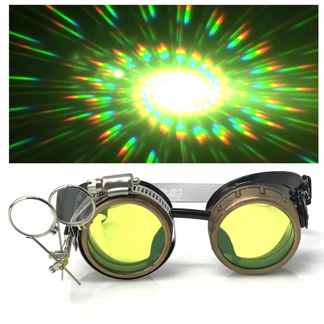 Steampunk Goggles With Magnifying Loupes UV Glow Neon Green Spiral Diffraction Lenses sold by iEDM