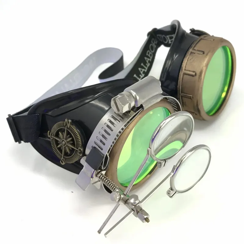 Steampunk Goggles With Magnifying Loupes UV Glow Neon Green Lenses sold by iEDM