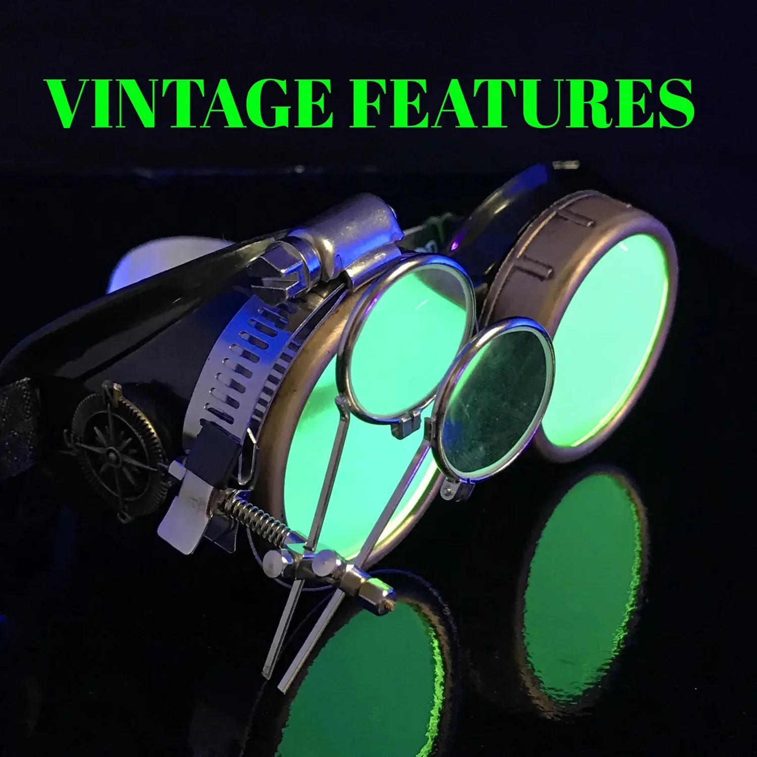 Steampunk Goggles With Magnifying Loupes UV Glow Neon Green Lenses sold by iEDM product image thumbnail 2