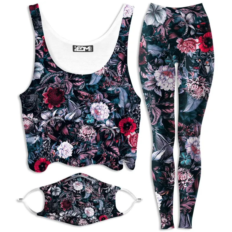 Blue Garden Crop Top and Leggings with PM 2.5 Face Mask Combo sold by iEDM