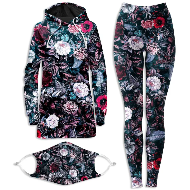 Blue Garden Hoodie Dress and Leggings with PM 2.5 Face Mask Combo sold by iEDM