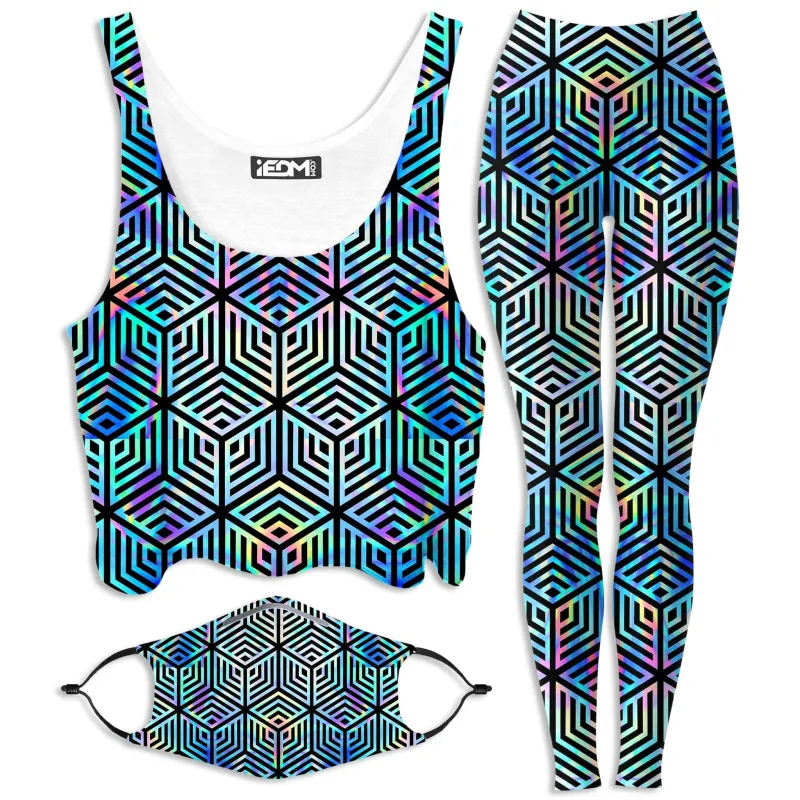 Holographic Hexagon Crop Top and Leggings with PM 2.5 Face Mask Combo sold by iEDM