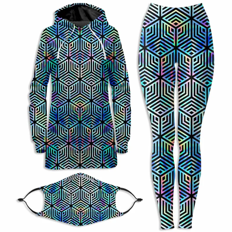 Holographic Hexagon Hoodie Dress and Leggings with PM 2.5 Face Mask Combo sold by iEDM