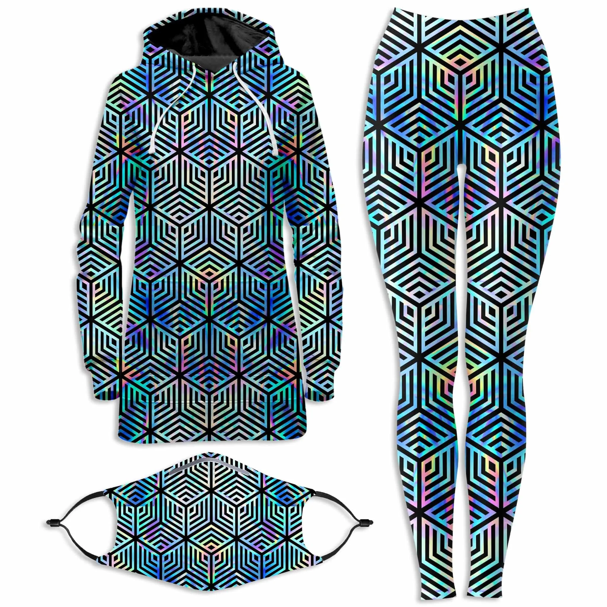 Holographic Hexagon Hoodie Dress and Leggings with PM 2.5 Face Mask Combo sold by iEDM