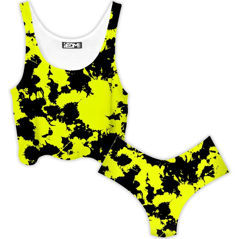 Yellow and Black Paint Splatter Crop Top and Booty Shorts Combo sold by iEDM