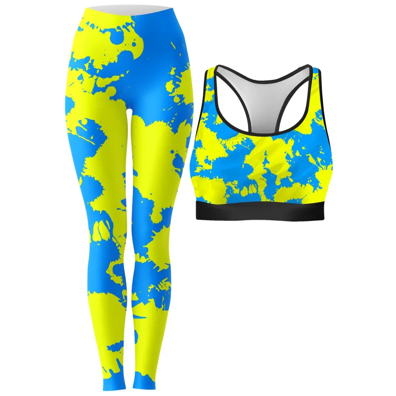 Yellow and Blue Paint Splatter Rave Bra and Leggings Combo sold by iEDM