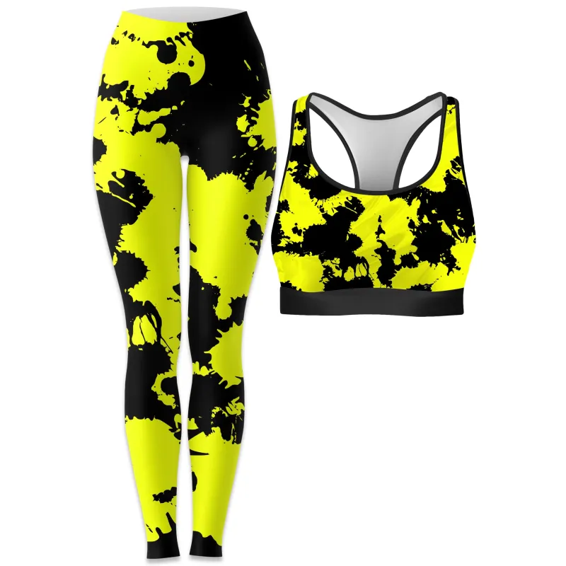 Yellow and Black Paint Splatter Rave Bra and Leggings Combo sold by iEDM