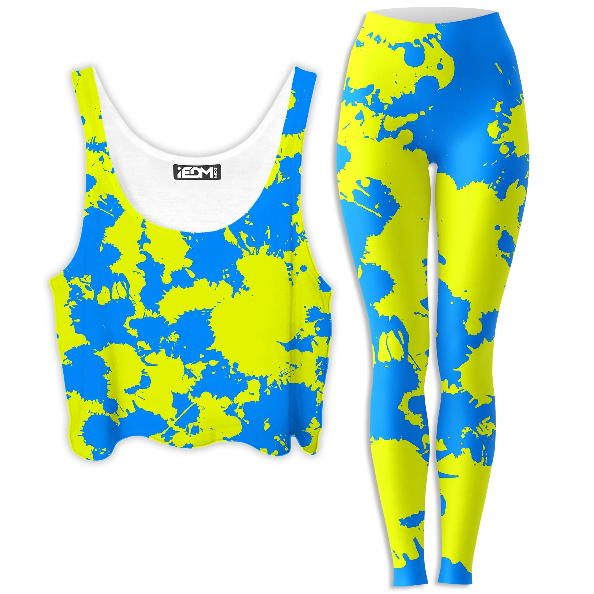 Yellow and Blue Paint Splatter Crop Top and Leggings Combo sold by iEDM