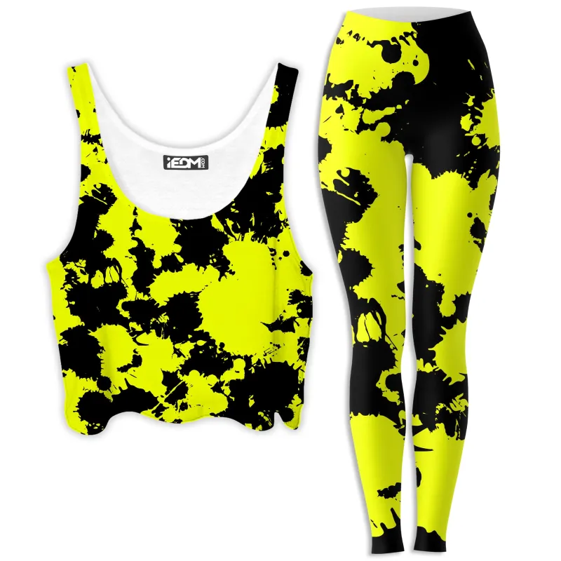 Yellow and Black Paint Splatter Crop Top and Leggings Combo sold by iEDM