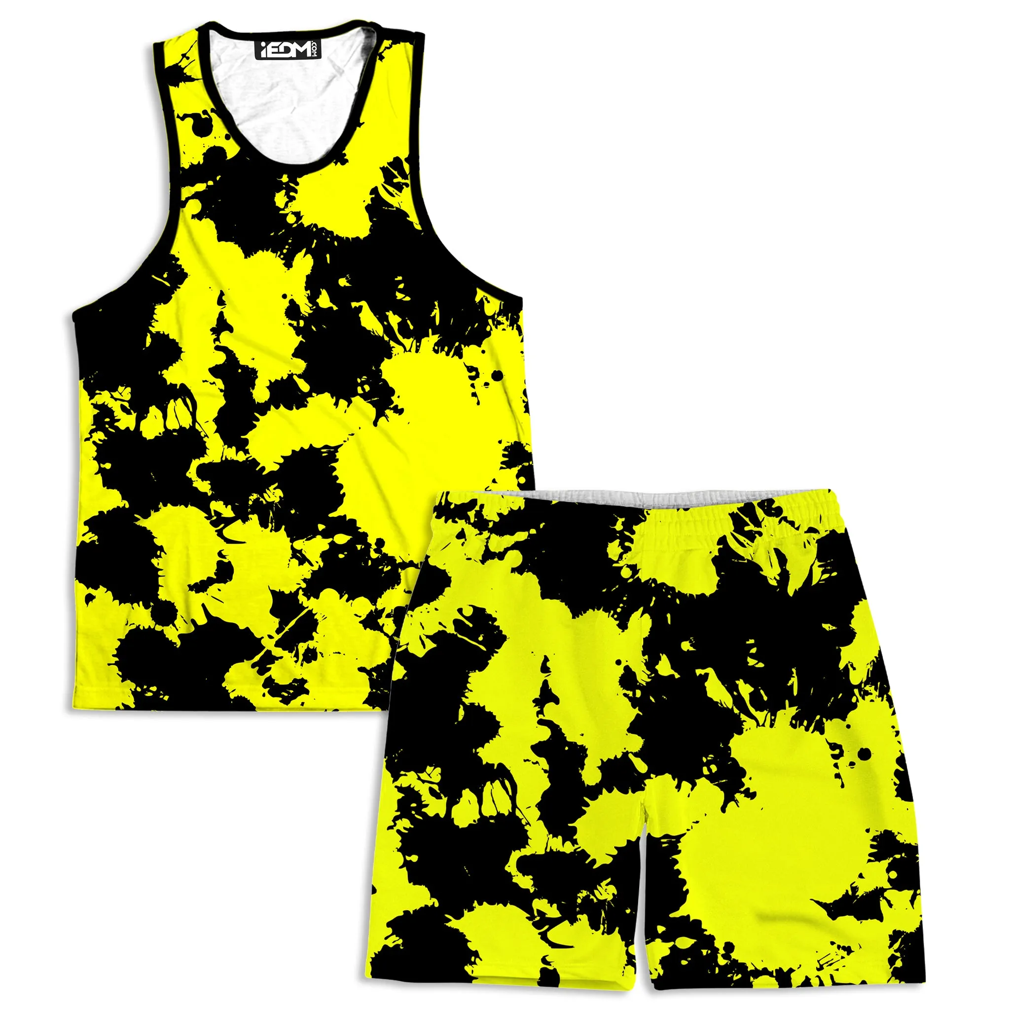 Yellow and Black Paint Splatter Tank and Shorts Combo sold by iEDM