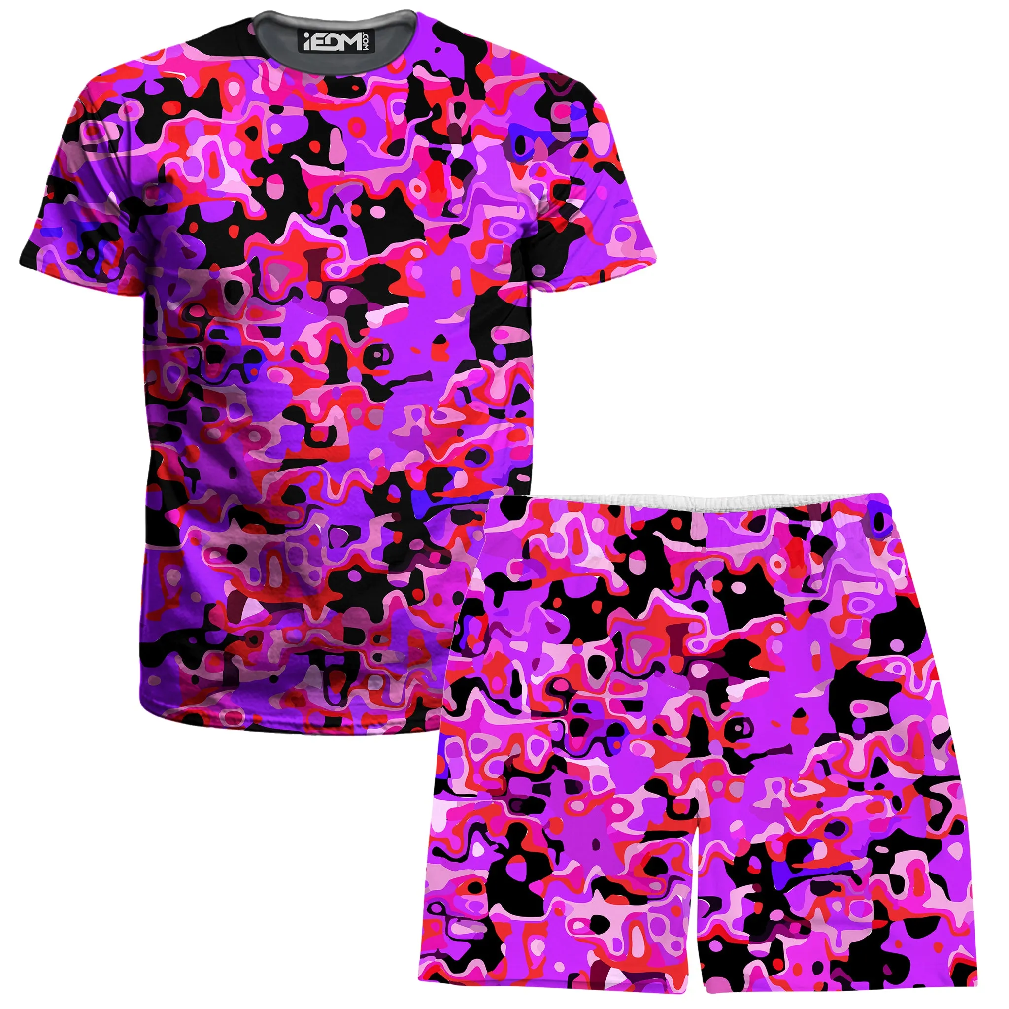 Purple Red and Black Rave Camo Melt T-Shirt and Shorts Combo sold by iEDM