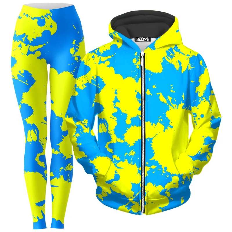 Yellow and Blue Paint Splatter Zip-Up Hoodie and Leggings Combo sold by iEDM