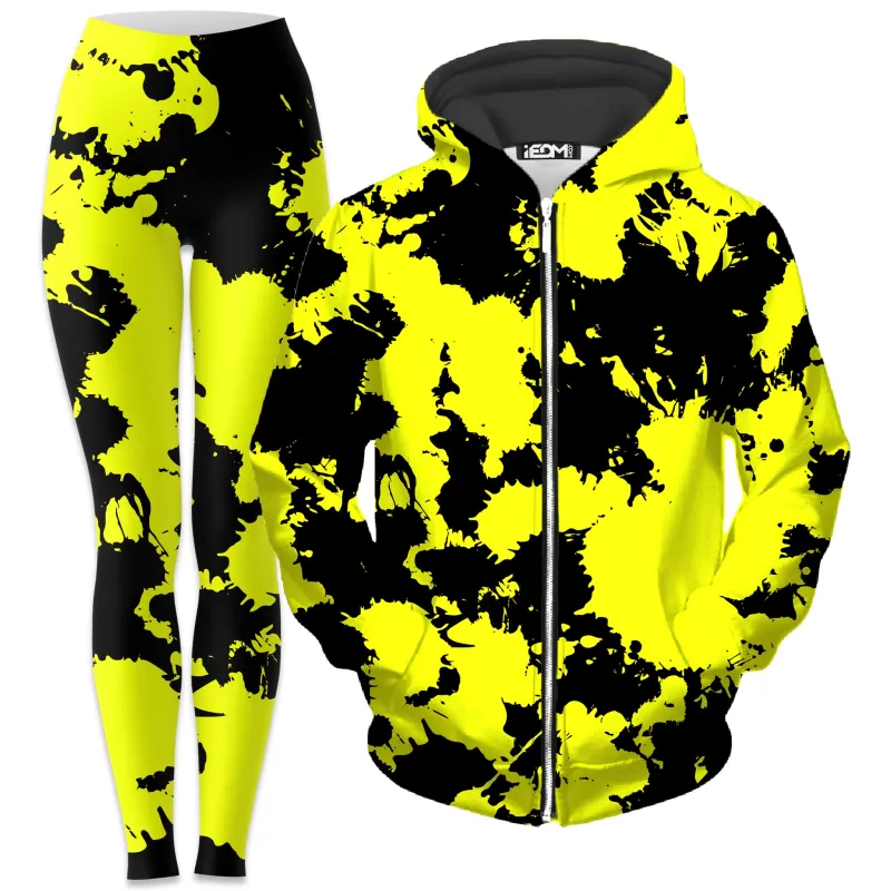 Yellow and Black Paint Splatter Zip-Up Hoodie and Leggings Combo sold by iEDM