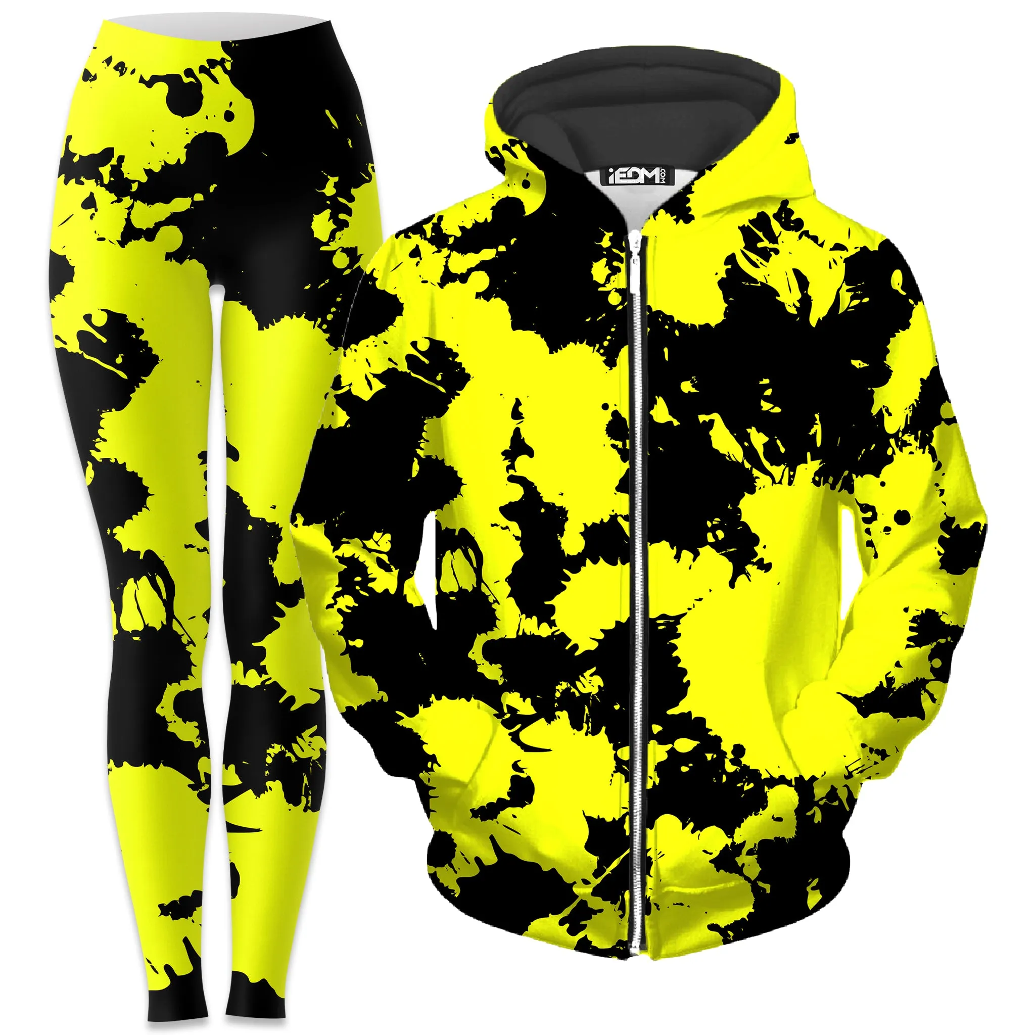 Yellow and Black Paint Splatter Zip-Up Hoodie and Leggings Combo sold by iEDM