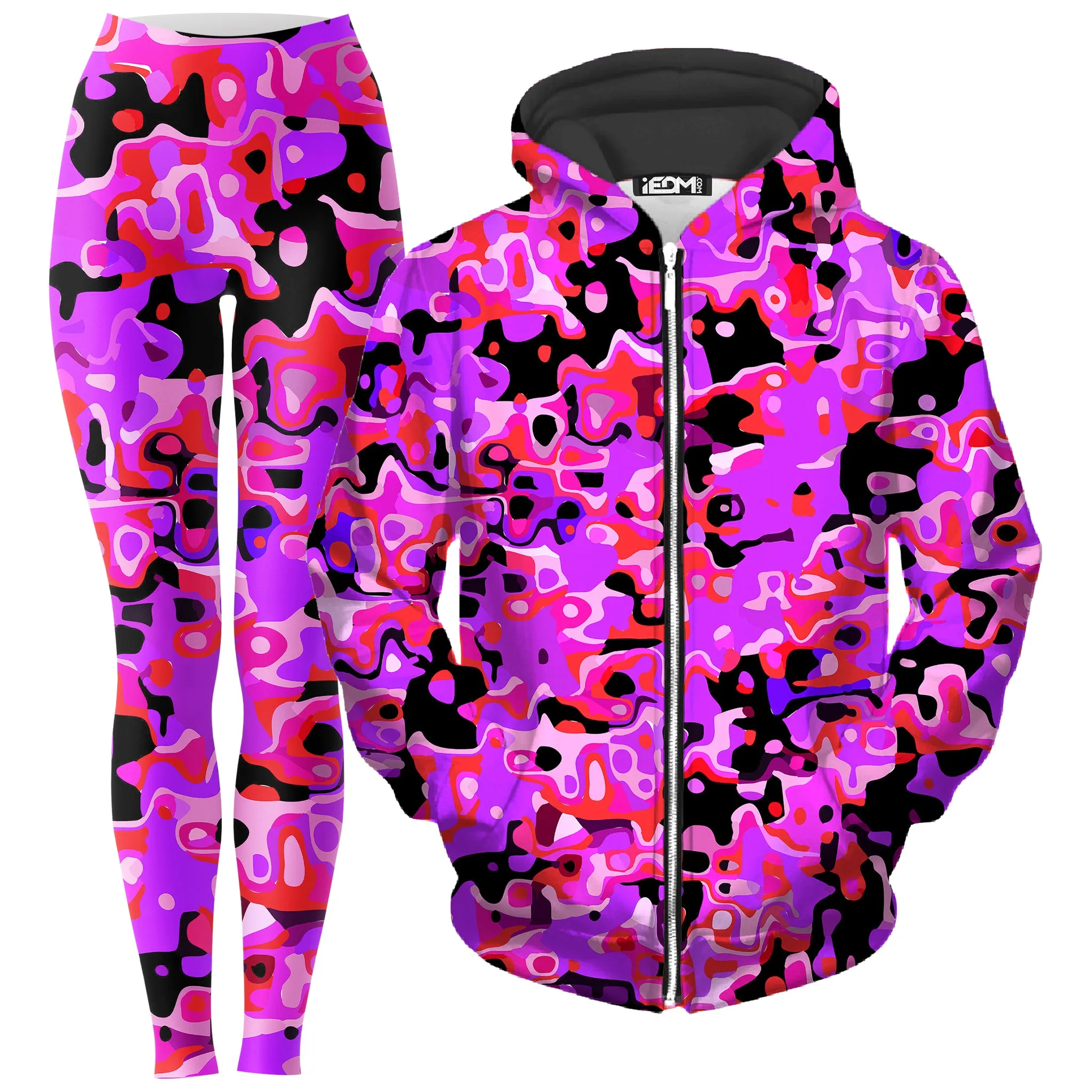 Purple Red and Black Rave Camo Melt Zip-Up Hoodie and Leggings Combo sold by iEDM