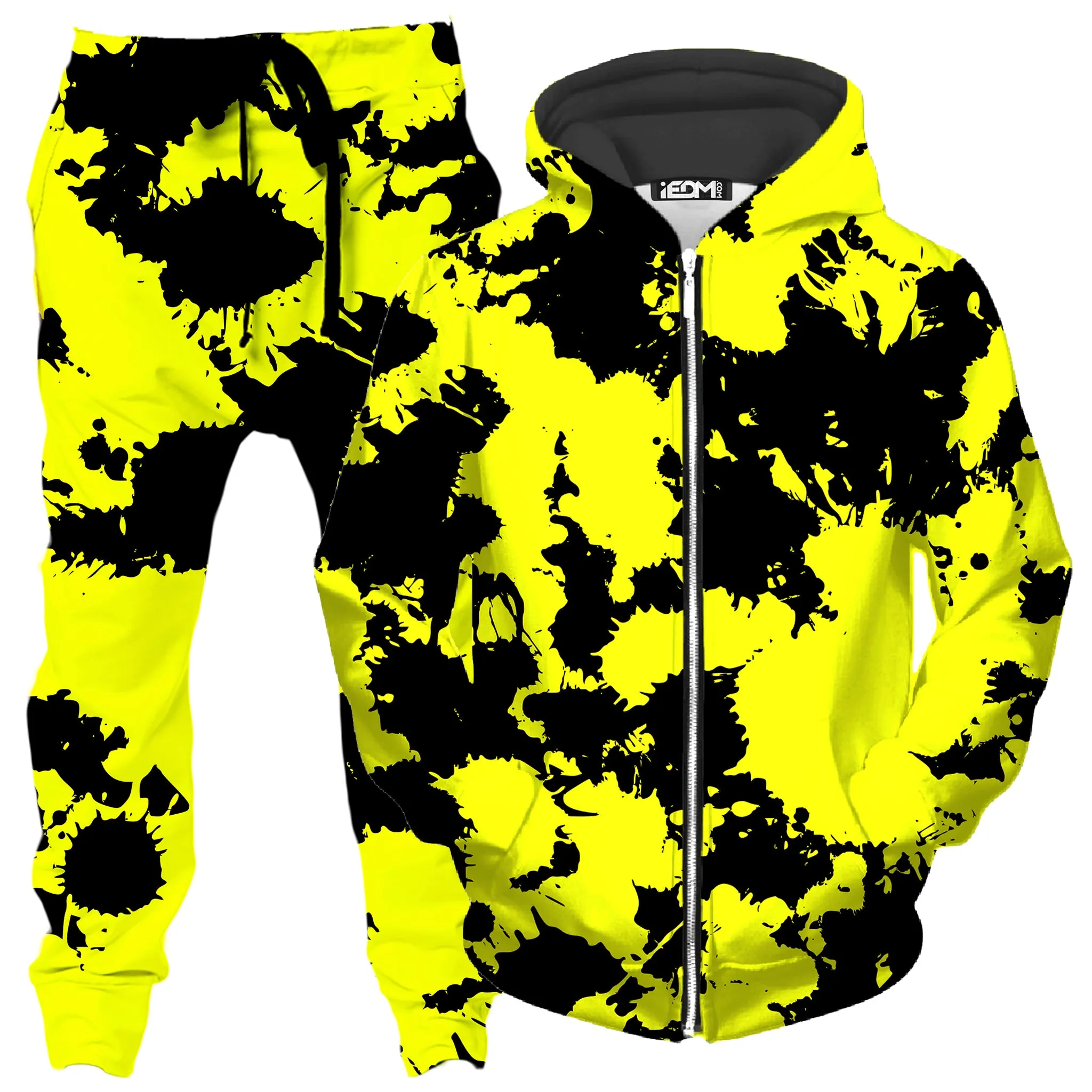 Yellow and Black Paint Splatter Zip-Up Hoodie and Joggers Combo sold by iEDM