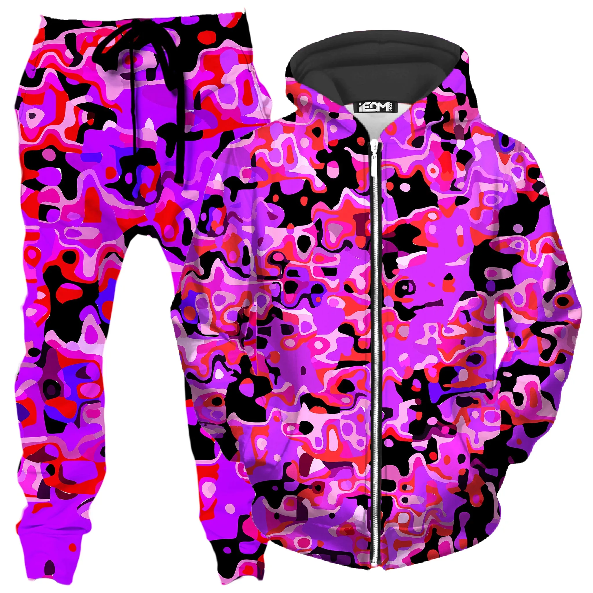 Purple Red and Black Rave Camo Melt Zip-Up Hoodie and Joggers Combo sold by iEDM