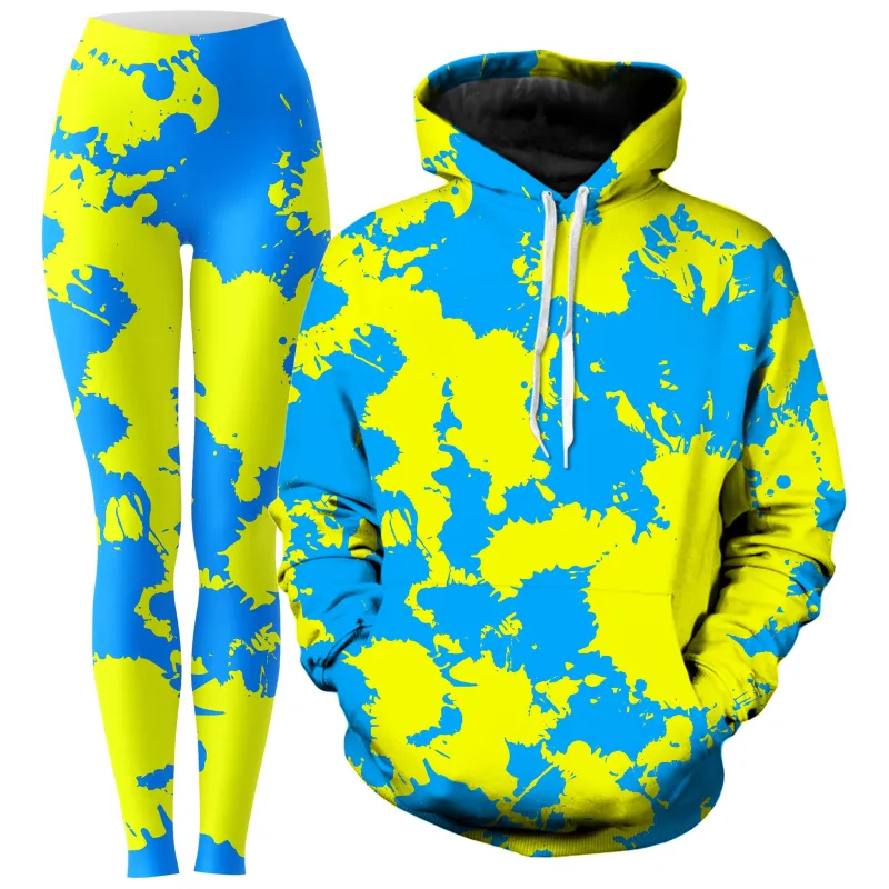 Yellow and Blue Paint Splatter Hoodie and Leggings Combo sold by iEDM