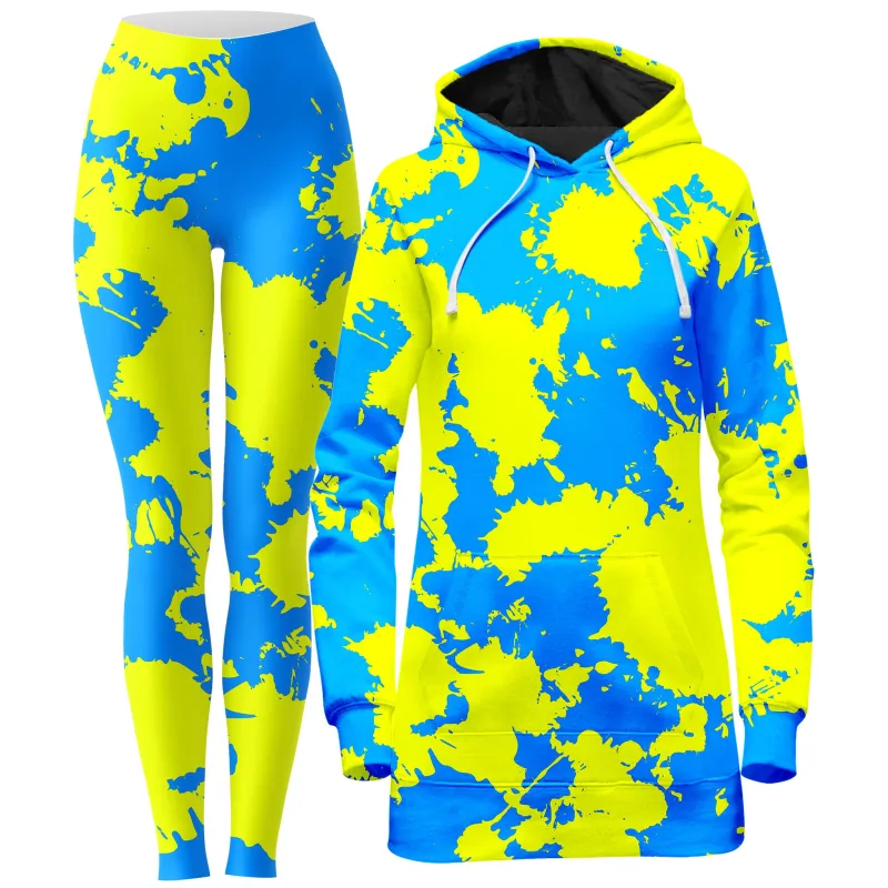 Yellow and Blue Paint Splatter Hoodie Dress and Leggings Combo sold by iEDM