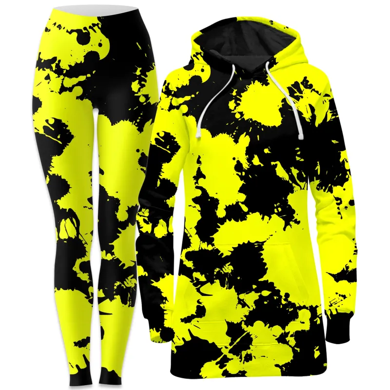 Yellow and Black Paint Splatter Hoodie Dress and Leggings Combo made by iEDM