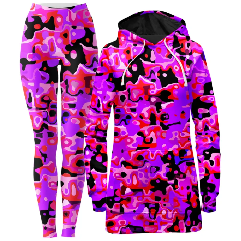 Purple Red and Black Rave Camo Melt Hoodie Dress and Leggings Combo sold by iEDM