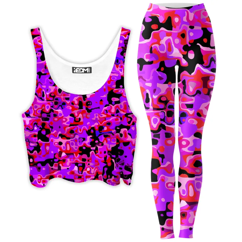Purple Red and Black Rave Camo Melt Crop Top and Leggings Combo sold by iEDM