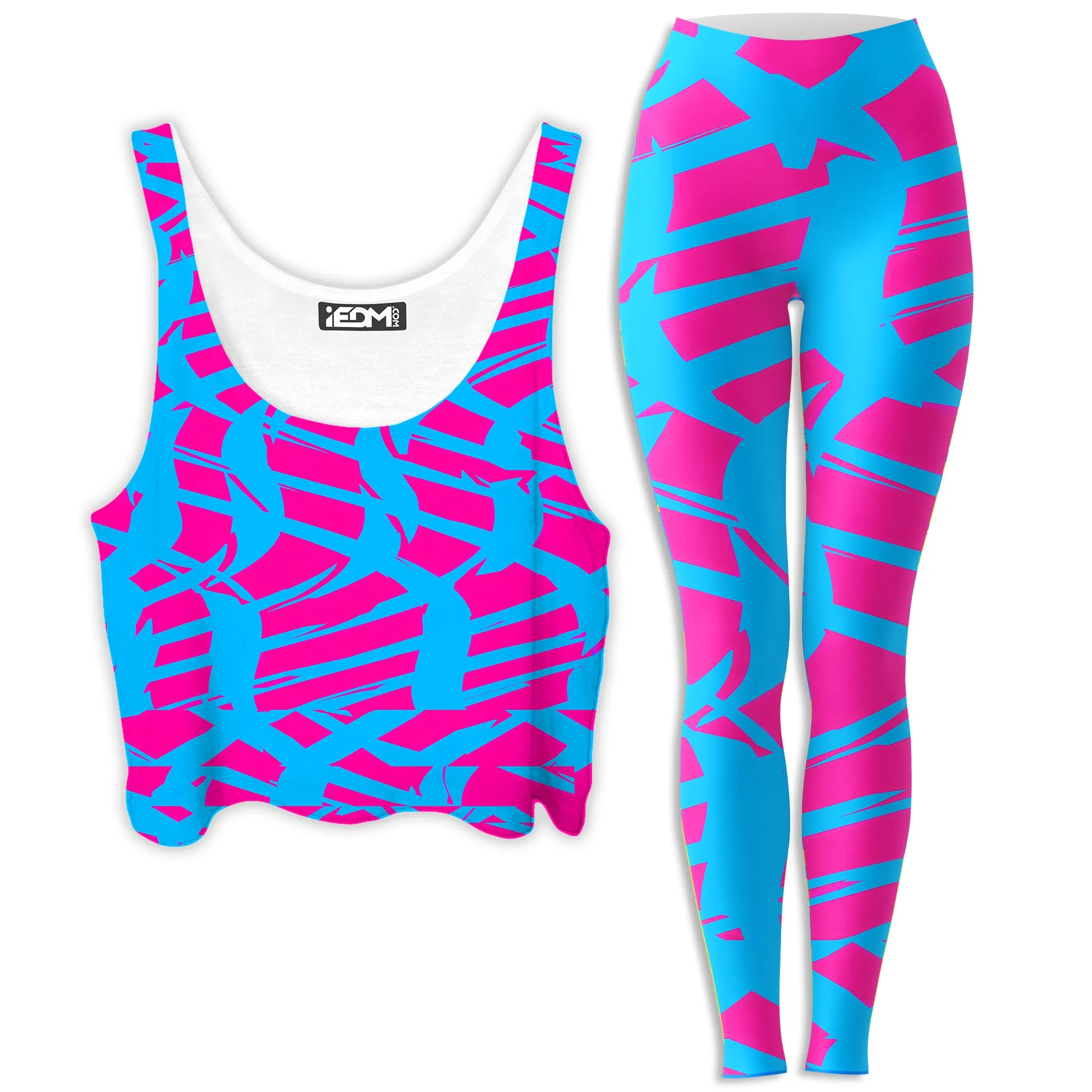 Pink and Blue Squiggly Rave Checkered Crop Top and Leggings Combo sold by iEDM