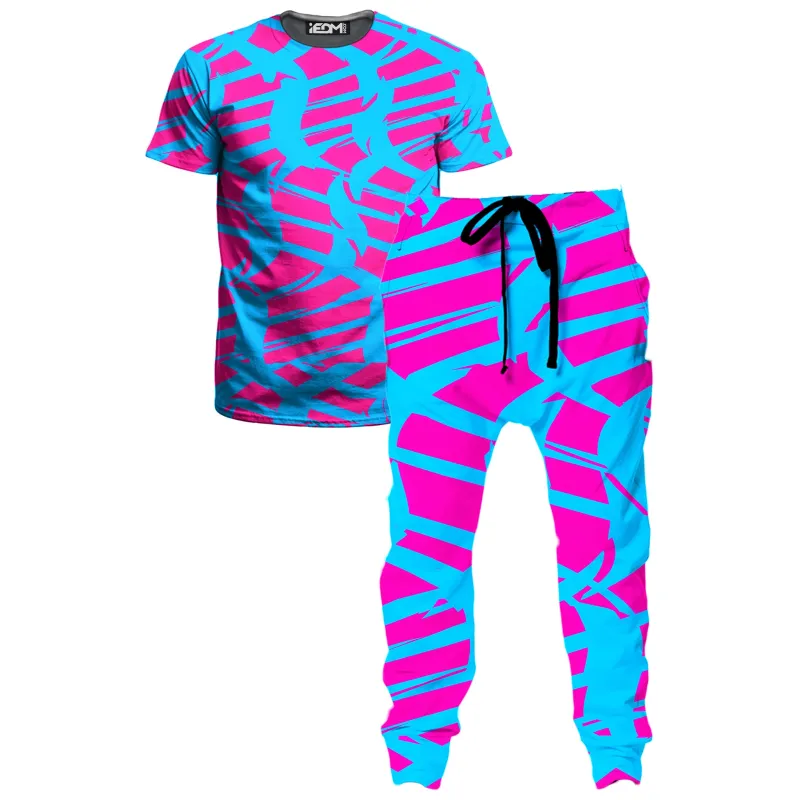 Pink and Blue Squiggly Rave Checkered T-Shirt and Joggers Combo made by iEDM