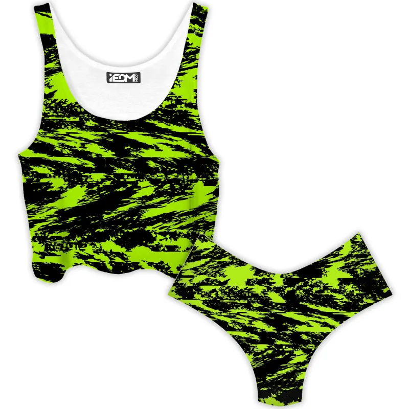 Black Lime Bolt Glitch Crop Top and Booty Shorts Combo sold by iEDM