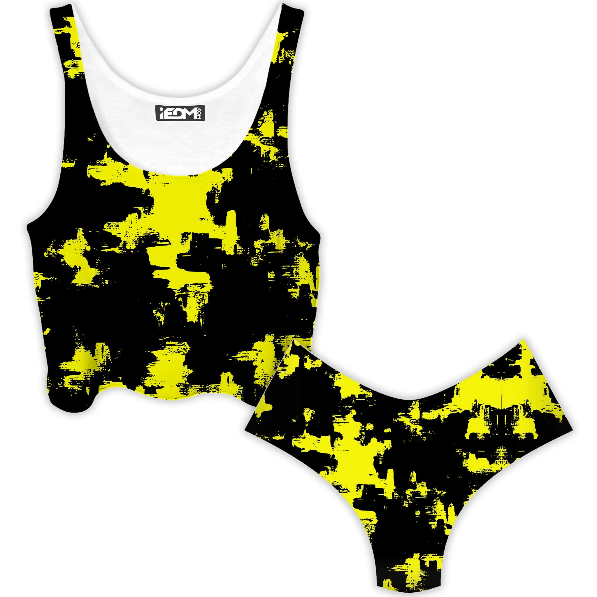 Black and Yellow Abstract Crop Top and Booty Shorts Combo sold by iEDM
