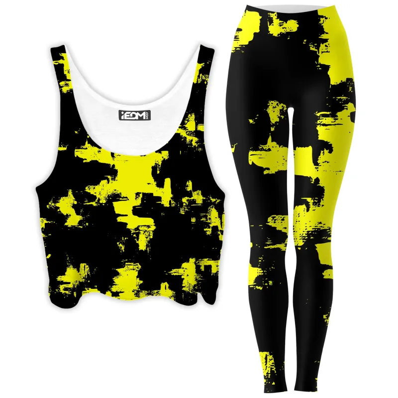 Black and Yellow Abstract Crop Top and Leggings Combo sold by iEDM