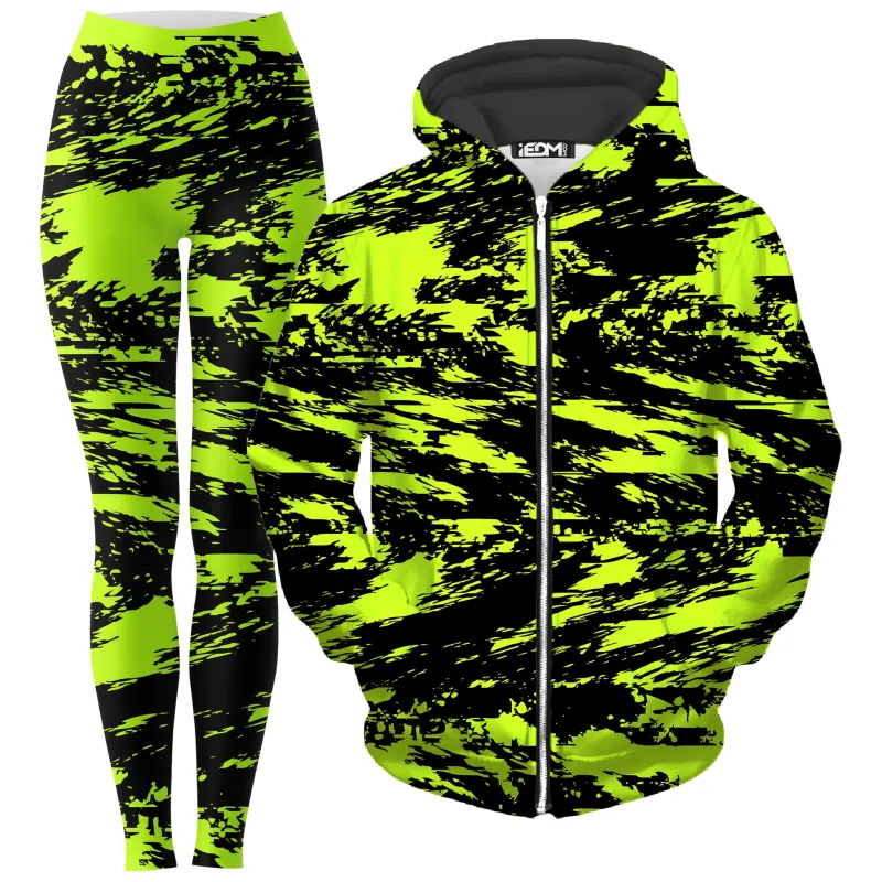Black Lime Bolt Glitch Zip-Up Hoodie and Leggings Combo sold by iEDM