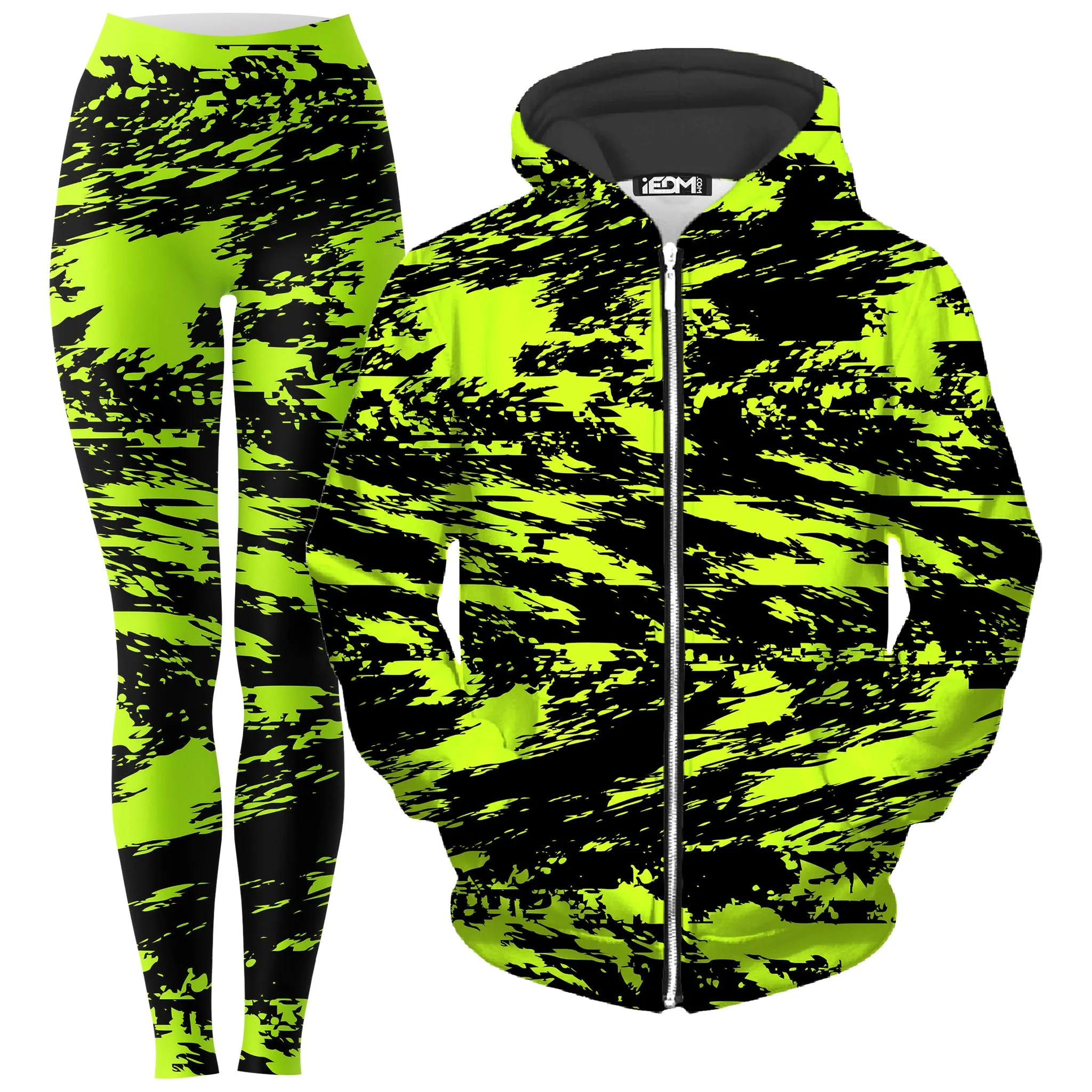 Black Lime Bolt Glitch Zip-Up Hoodie and Leggings Combo sold by iEDM