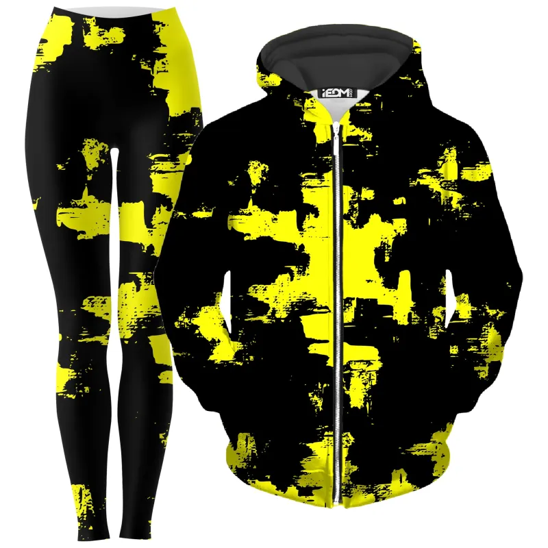 Black and Yellow Abstract Zip-Up Hoodie and Leggings Combo sold by iEDM