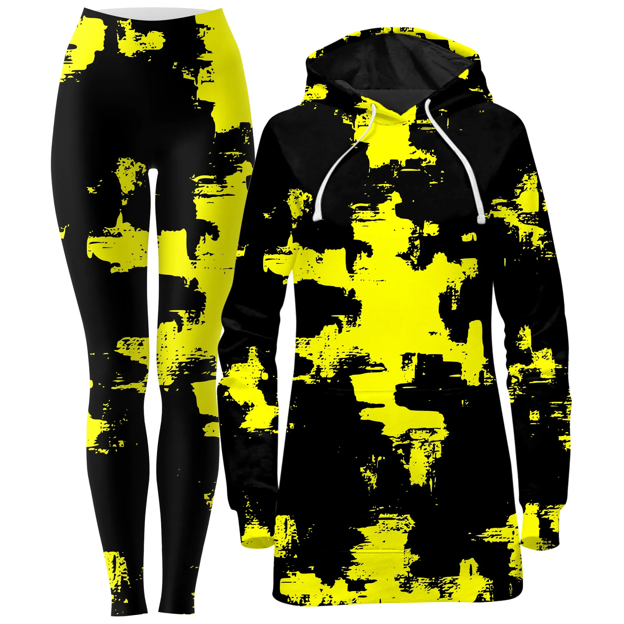 Black and Yellow Abstract Hoodie Dress and Leggings Combo sold by iEDM