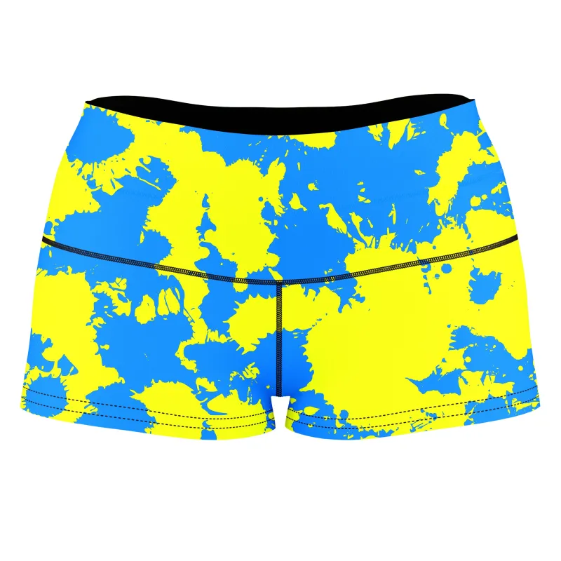 Yellow and Blue Paint Splatter High-Waisted Women's Shorts sold by iEDM